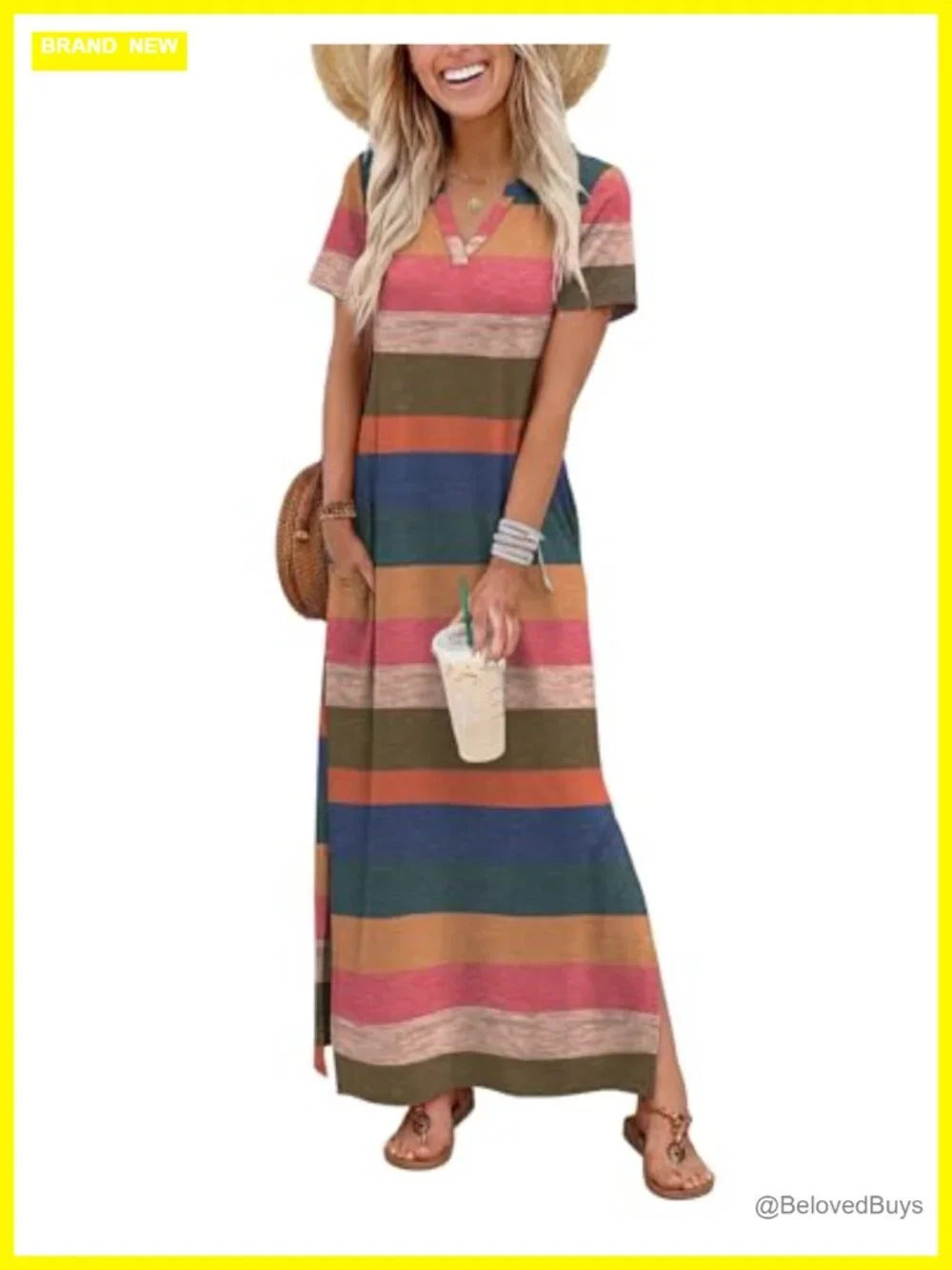 Women's Maxi Dress V-Neck Short Sleeve with Pockets Summer Casual
